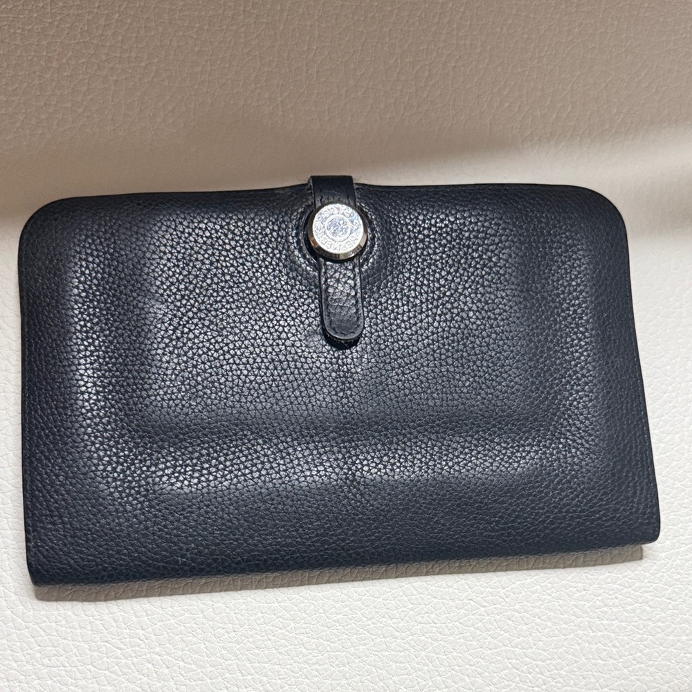 Authentic Hermes Black Leather Wallet with Silver Button